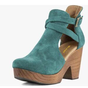 Dark Turquoise Platform Round Toe Cutout Ankle Boots Strap Buckle Cork Shoe